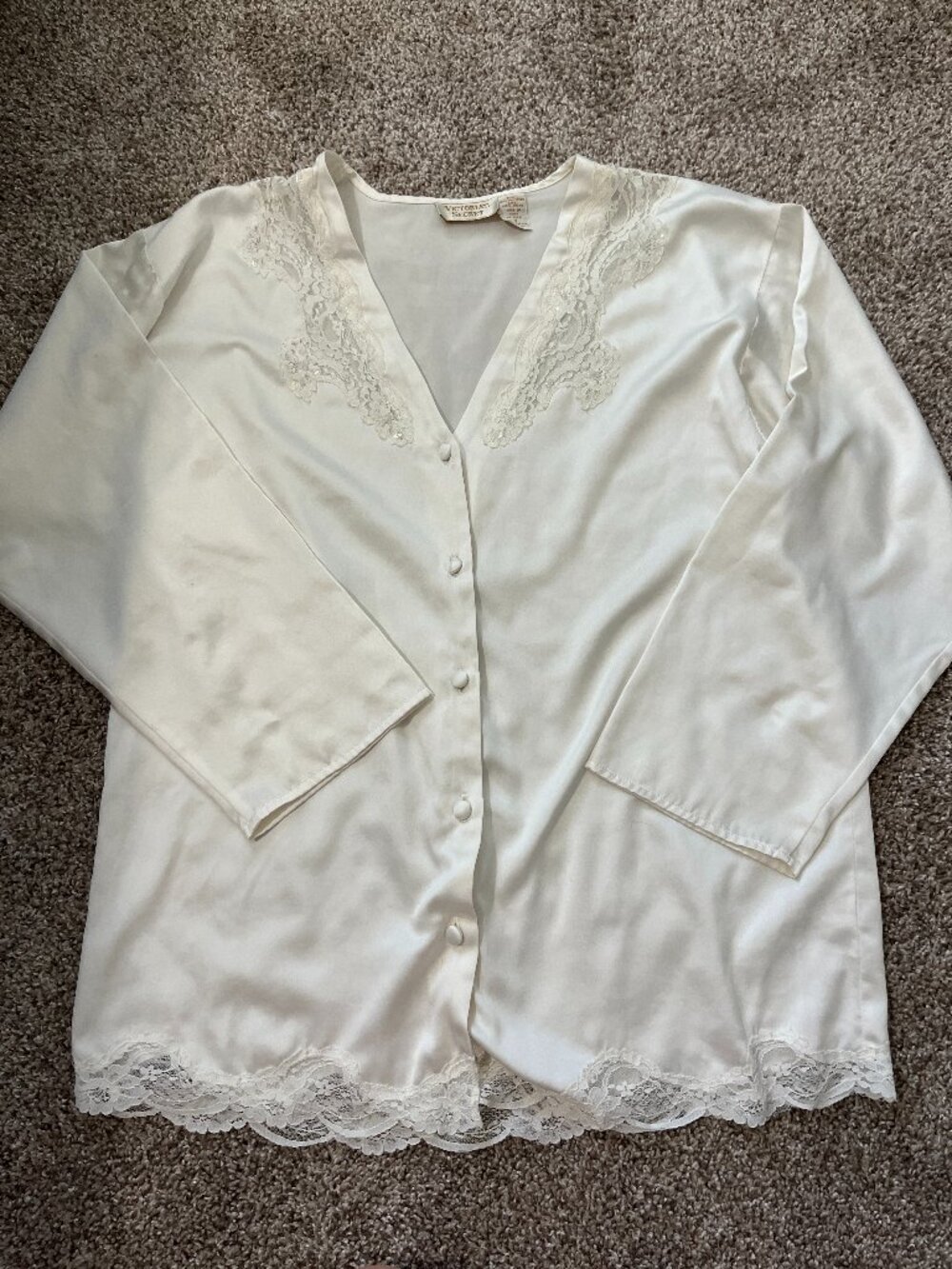 Vintage Victoria's Secret Blouse Ivory Lace Detail Covered Buttons V-Neck Small